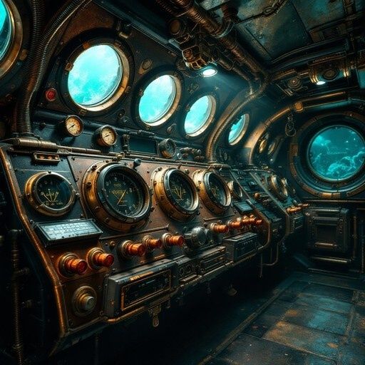 Historischer U-Boot-Kontrollraum mit Instrumenten und Bullaugen